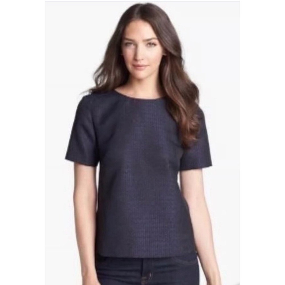 Halogen Top Womens Black Purple Short Sleeve Metallic Geometric Pattern XS